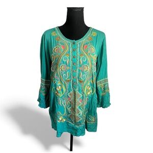 IVY JANE Anthropologie Embroidered Floral Button Front Tunic Sz S Aztec Boho